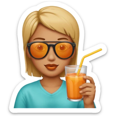Sun is wearing sunglasses and drinking juice with stra sticker