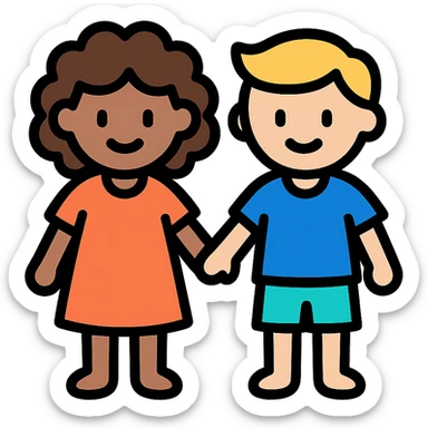 brunette curly haired girl and blonde boy holding hands, simple and clear color outline icon style sticker