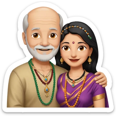 I want an old man with balding and grey beard and a woman in her 40s with dark black hair parted in indian woman style wearing a beads chain  with the cleavage of the woman visible in a passionate embrace. The man should have no jewellery, both must be blissfully smiling sticker