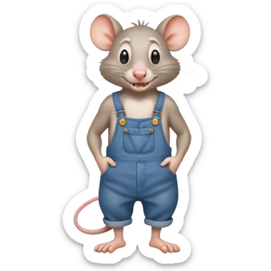 cartoon stupid drunk hillbilly rat wearing overalls no shirt. standing and talking full body. human eyes. teeth showing sticker