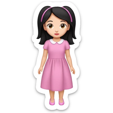 Gordita, ojos pequeños de color cafe oscuro, labios pequeños y rosados, piel trigueña, orejas pequeñas, cabello largo lazio y negro, pequeña. cuerpo completo. sticker