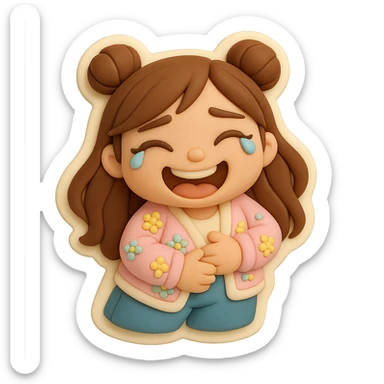3D chibi fondant cake art style, high-quality rendering with smooth shadows and soft gradients. Girl based on reference image with preserved facial features and eye shape, long brown hair in two space buns, brown eyes, jeans, pastel floral cardigan, thick white outline like a sticker, transparent background. Laughing to tears, holding her belly. Ensure the face, hairstyle, and eye shape match the reference exactly. sticker