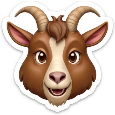Cinematic Comical Brown Goat Portrait Emoji, Head tilted dramatically with an exaggeratedly amused expression, featuring a sleek brown fur with distinct, quirky curved horns, wide, expressive eyes filled with playful disbelief, Simplified yet hilariously expressive features, highly detailed, glowing with a slightly sassy glow, high shine, dramatic yet playful, stylized with an air of cheeky mischief, bright and endearing, soft glowing outline, capturing the essence of a spirited and over-the-top goat, so meme-worthy it feels like it could side-eye its way into internet fame instantly! sticker