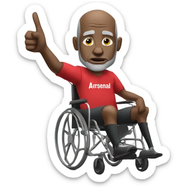 old black bald man with a round belly in wheelchair. angry face. grey stubble. he is pointing finger in front. wearing Arsenal soccer shirt. word bubble sticker