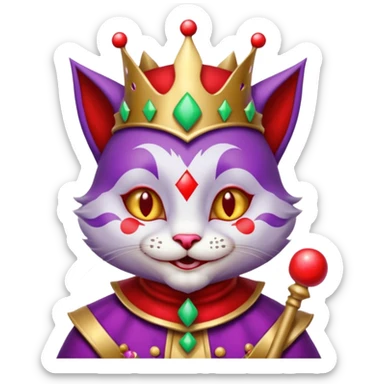 crazy colorful cute little cat jolly joker from poker, medieval, vintage, court jester, mac os icon, purple and red color, silver inserts, half body sticker
