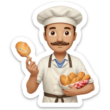 Middle aged male pastry chef - with a mustache, apron, white hat, holding a bag of bread sticker