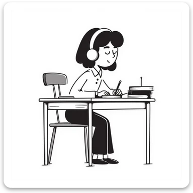 girl in a school uniform with headphones, sitting at a desk, sketchy hand-drawn style, minimal background sticker