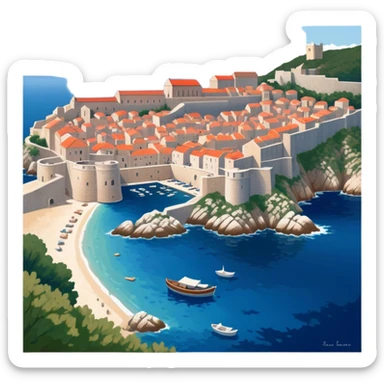 Dubrovnik – Cinematic Realistic Dubrovnik, depicted as a stunning coastal city with red-tiled roofs and ancient stone walls, set against the deep blue Adriatic Sea under warm Mediterranean light, rendered with rich textures that capture its enchanting beauty. sticker