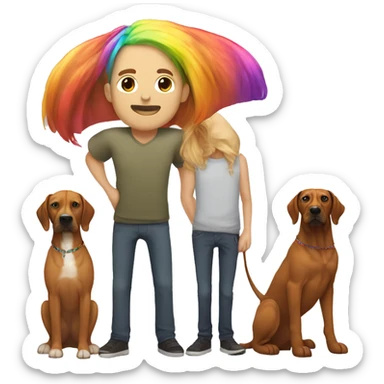 white male with long rainbow colored hair alongside a brown rhodesian ridgeback sticker