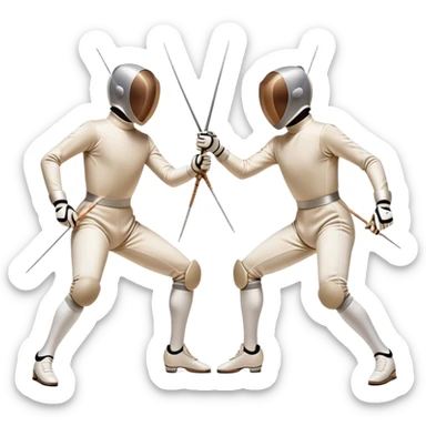 Two fencers in symmetrical stances, with crossed épées in front of them. Their forms are elegant and precise, showcasing the balance and strategy of fencing. The background features a blurred fencing piste, with subtle motion lines to emphasize the elegance and speed of the sport. sticker