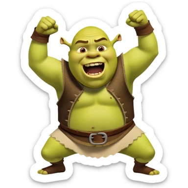 an emoji of famous dreamworks character, shrek, in a "let's fucking go" pose. mouth wide open yelling out of excitement. eye closed, exaggerated pose, fists clenched sticker