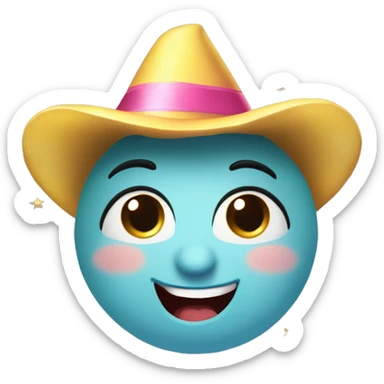 Happy face emoji: A round face, big warm smile, sparkling moon eyes. Eyebrows arched to express good humor, little gold stars near the eyes for a magical touch. Colored party hat slightly askew, rosy cheeks for a cute effect. STAR NEAR THE EYE sticker