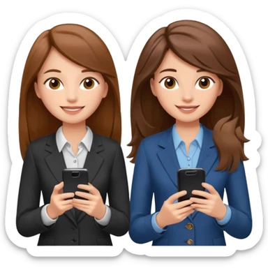 two brown haired girls, looking professional maybe leaned back on back and looking forward and using phones, with longer hair and with some cute clothes sticker