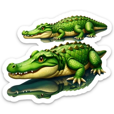 A large crocodile resting on a riverbank, part of its body in water, realistic scales and reflections, natural sunlight. sticker