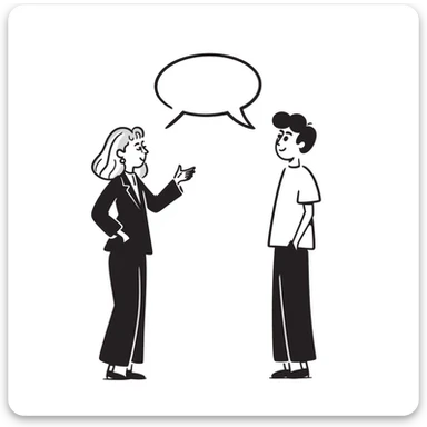 A blonde woman in a black suit talking to a brown-haired man in a white t-shirt. The woman has a speech bubble above her head. The woman is talking and the man is smiling. sticker