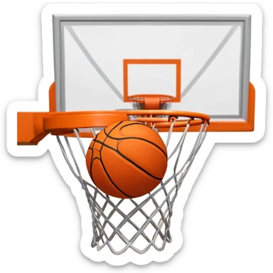 A close-up shot of a basketball entering the hoop, with the ball swishing through the net. The background features a blurred basketball court, emphasizing the perfect shot and the excitement of the game. sticker