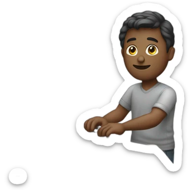 Man standing on a desk working on a computer sticker