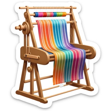 Weaving icon, loom with colorful fabric being woven, visible shuttle, spools of yarn, fabric swatches, sewing patterns, and finished clothing items, minimalistic style, clean lines, transparent background. sticker