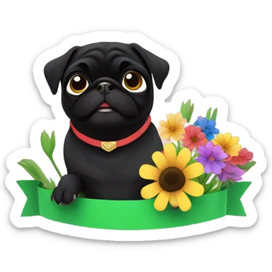 Black pug , surrounded by flowers, holding a green sign that says “good luck”  sticker