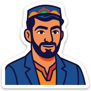 A Tajik man with masculine features, expressive eyes, thick eyebrows, dark hair, and light-olive skin, neatly kept facial hair sticker