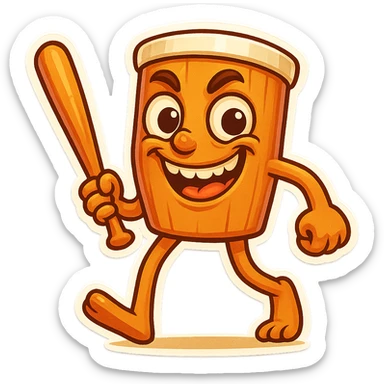  image of absurd wooden stick-man creature, drum-like cylindrical body, holding baseball bat, cartoon style, bright vivid colors, expressive face, dynamic pose, a bit creepy yet funny,  sticker