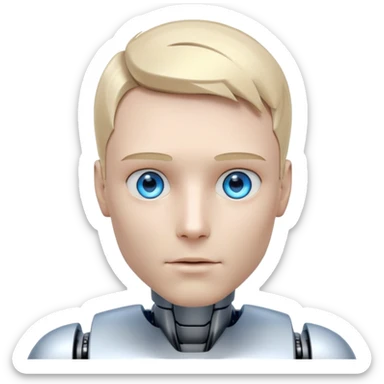 Male humanoid robot with short blond hair, metallic face, digital eyes, sharp jawline, futuristic sticker