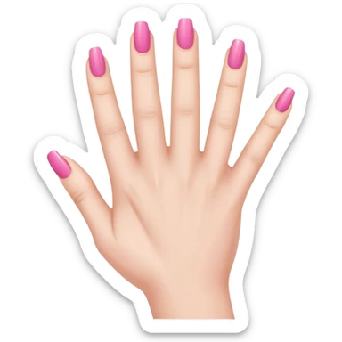  pink  close-up of a human hand with exactly five fingers, beautifully manicured nails, glossy pink nail polish, elegant nail shape, soft lighting, realistic style, isolated on transparent background" sticker