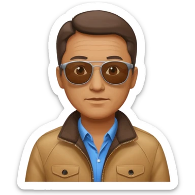 Middle-age man, brown jacket, sunglasses sticker