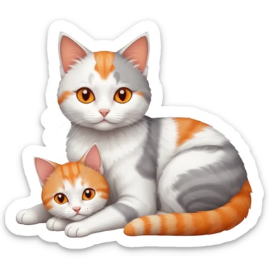 full body of a grey and white cat cuddling a very small + skinny ginger and white kitten with deep orange eyes and triangular shaped face lying down sticker