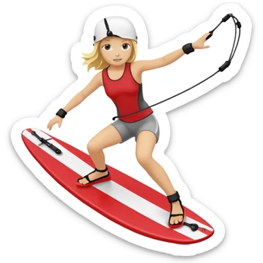 a blonde girl waleboarding on a red wakeboard  sticker