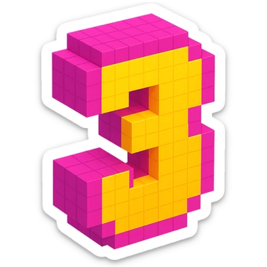 3D blocky number 3 in voxel style with vibrant colors sticker