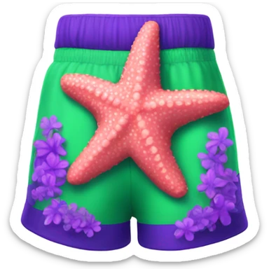 coral pink starfish wearing neon green shorts with purple flowers on them  sticker