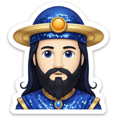 Saturn, God of Time from Gods and Goddesses with long black hair and beard, indigo sequin outfit sticker