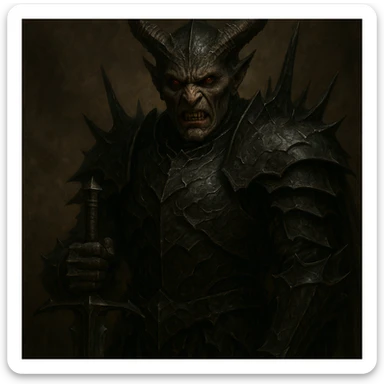 Make the champion look even scarier, with menacing facial features, dark fantasy armor, and an intimidating presence, but keep the face clearly visible, in a realistic fantasy style. sticker