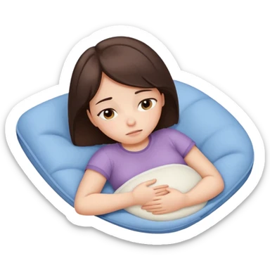  a brunette girl lying down on her side, holding a warm heating pad against her lower belly. She's uncomfortable and sad, her posture should show she’s having bellyache. Use simple lines, rounded shapes, soft colors, and a clean emoji aesthetic. Make it expressive but still adorable sticker