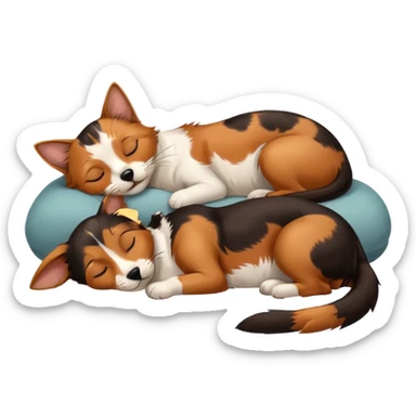 Calico cat with black nose sleeping near a black and brown nose dachshund dog     sticker