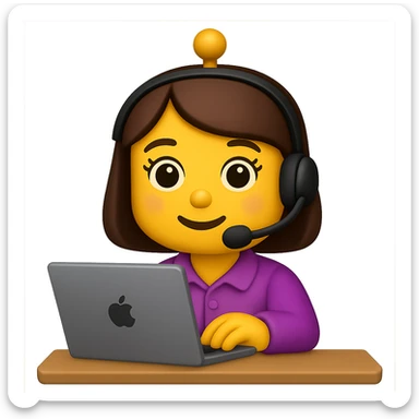 Create an image of a recruiter robot emoji that is even cuter and more feminine, in an apple style, flat, at a desk, wearing a headset, typing on a laptop. The background should be transparent. sticker