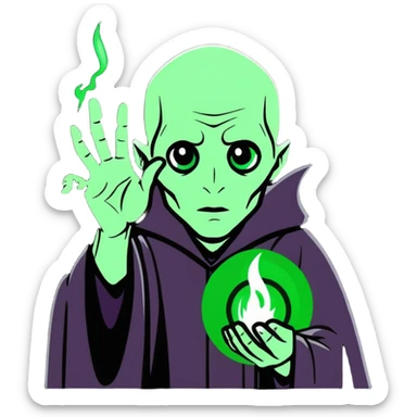cartoon style Voldemort, casting a spell, green magical aura, intense eyes sticker