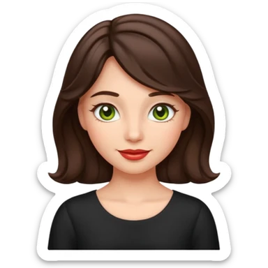 apple style emoji of a coquette girl with midi dark brown slightly wavy hair, bright skin, greenish hazel eyes, small cute lips, gentle smile and rosy cheeks sticker