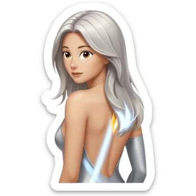 woman with light long hair in silver body looking at the camera from back with sexy pose sticker