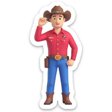 cowboy tipping hat wearing Jurassic Park shirt with logo, standing confidently, friendly expression sticker