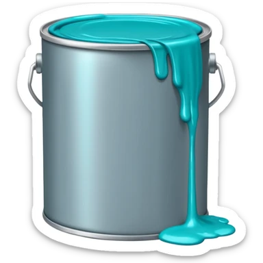gray paint can with teal paint inside, some teal paint spilling over sticker