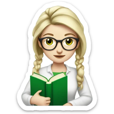 pale skin woman ponytail no bangs glasses green eyes holding books library sticker