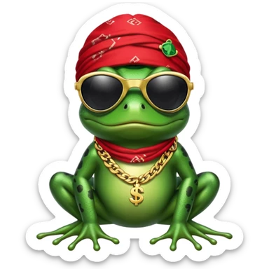 thug life frog wearing black sunglasses, gold chain, bandana, dollar sign bling sticker