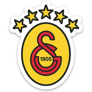 Galatasaray emblem with 5 stars on top, yellow and red tones, modern logo style, minimalistic, color outline icon style sticker