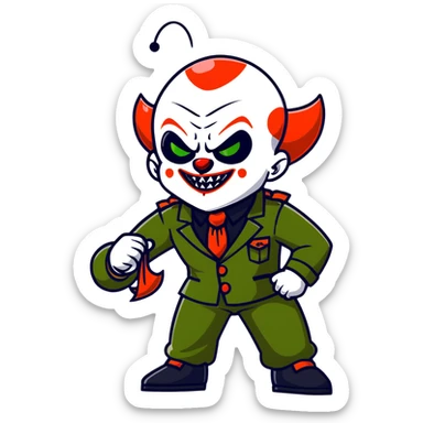 evil clown warrior, bald, short black devil-like horns on forehead, fangs, pointed ears, black and military green leisure suit with bellbottom pants, realistically proportioned, less bulky, full body visible, battle-ready fighting posture sticker