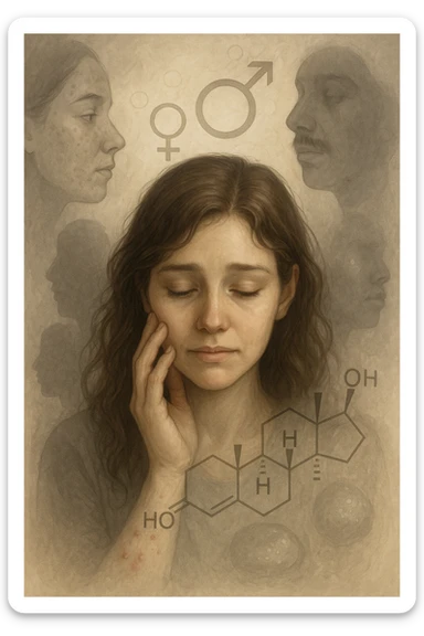 A young woman is surrounded by faint overlays of hormonal symbols and androgen molecules, with shadowy images of acne, facial hair, and oily skin projected around her, symbolizing the symptoms of PCOS with androgen excess. She looks down, gently touching her face with a resigned but hopeful expression, symbolizing her journey toward managing these symptoms. sticker