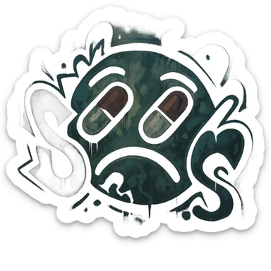 graffiti emoji, medicine theme, humid and foggy atmosphere, dark and moody colors, abstract shapes, street art style sticker