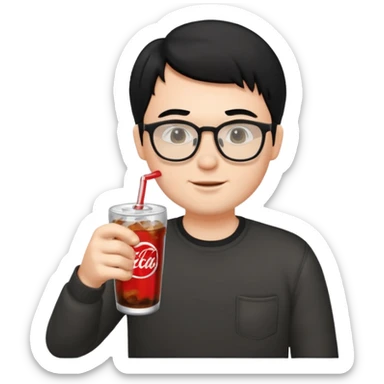 Hombre blanco con gafas, pelo negro tomando un refresco frente a un ordenador con ropa de sport sticker