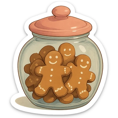 glass cookie jar with pink lid, gingerbread cookies inside, isolated, ghibli style sticker